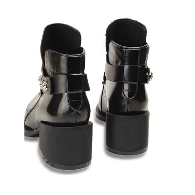 Women's Cattlehide Leather Closed Toe Kitten Heel With Rivet Black Booties