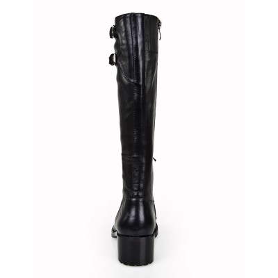 Women's Cattlehide Leather Kitten Heel Closed Toe With Zipper Knee High Black Boots