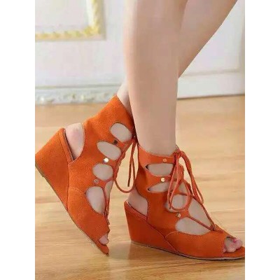 Women's Wedge Heel Suede Peep Toe With Lace-up Sandal Ankle Orange Boots