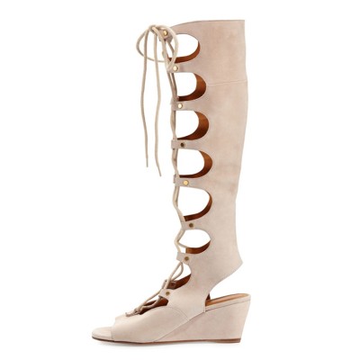 Women's Wedge Heel Peep Toe Suede With Lace-up Sandal Knee High Champagne Boots