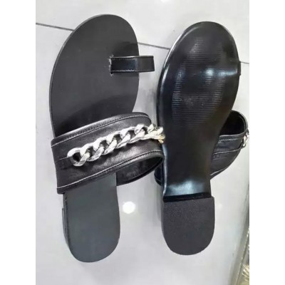 Women's Black Flat Heel Sheepskin With Chain Sandals Shoes