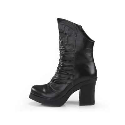 Women's Cattlehide Leather Chunky Heel Closed Toe With Ruched Mid-Calf Black Boots