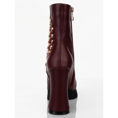 Women's Cattlehide Leather Chunky Heel Closed Toe With Zipper Mid-Calf Burgundy Boots