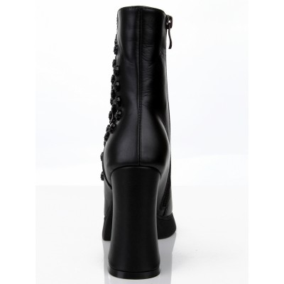 Women's Chunky Heel Closed Toe Cattlehide Leather With Zipper Mid-Calf Black Boots