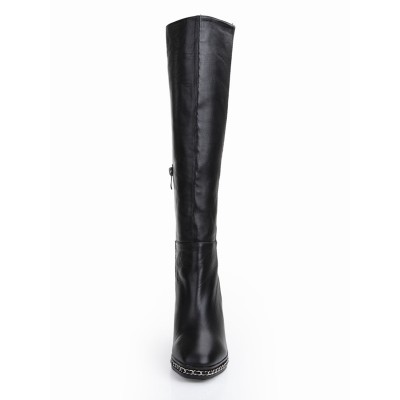 Women's Cattlehide Leather Chunky Heel Closed Toe With Chain Knee High Black Boots