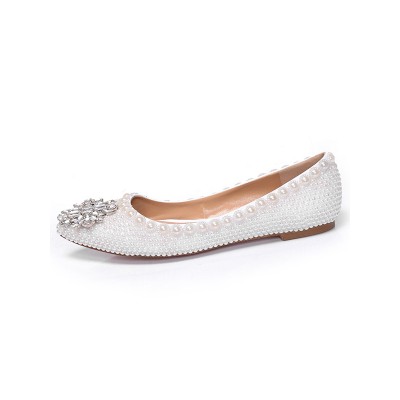 Women's Patent Leather Closed Toe Flat Heel With Pearl Rhinestone Casual Flat Shoes
