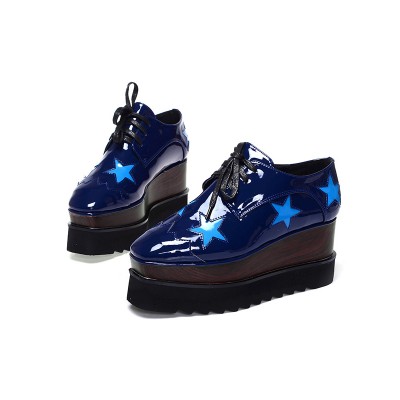 Women's Patent Leather Platform Closed Toe Wedge Heel With Lace-up Dark Navy Fashion Sneakers