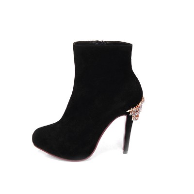 Women's Suede Closed Toe Platform Stiletto Heel With Rhinestone Ankle Black Boots