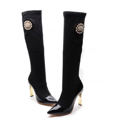 Women's Elastic Fabric Closed Toe Stiletto Heel With Rhinestone Knee High Black Boots