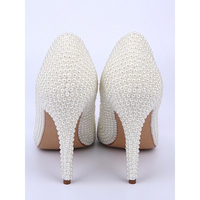 Women's Stiletto Heel With Pearl Crystal Flower Closed Toe White Wedding Shoes
