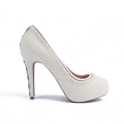 Women's Stiletto Heel Platform Patent Leather Closed Toe With Pearl White Wedding Shoes
