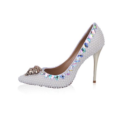Women's Patent Leather Closed Toe Stiletto Heel With Rhinestone Pearl High Heels