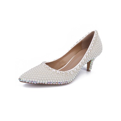 Women's Patent Leather Closed Toe Cone Heel With Pearl White Wedding Shoes