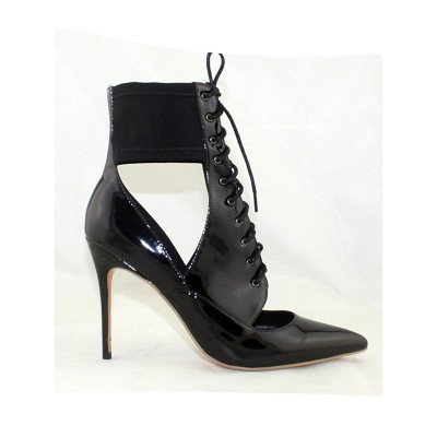 Women's Patent Leather Closed Toe Stiletto Heel With Lace Up Ankle Black Boots