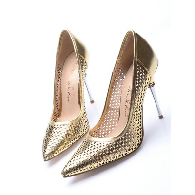 Women's Patent Leather Gold Closed Toe Stiletto Heel High Heels