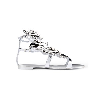 Women's Silver Patent Leather Peep Toe Flat Heel Casual Sandals Shoes