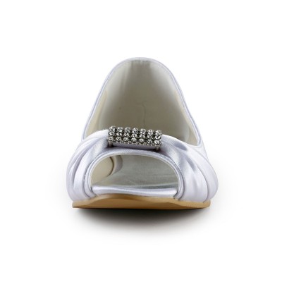Women's Satin Flat Heel Peep Toe Sandals White Wedding Shoes With Rhinestone