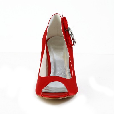Women's Satin Peep Toe Spool Heel With Bowknot Red Wedding Shoes