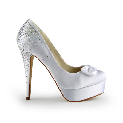 Women's Satin Stiletto Heel Closed Toe Platform White Wedding Shoes With Bowknot