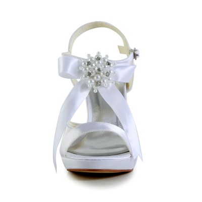 Women's Satin Stiletto Heel Peep Toe Platform Sandals White Wedding Shoes With Bowknot