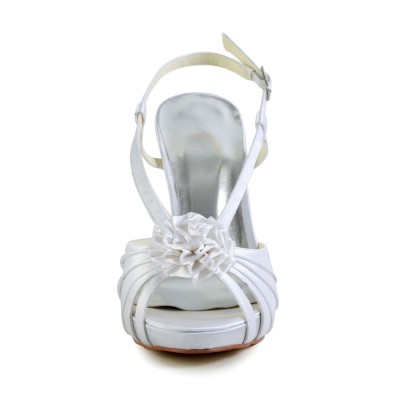 Women's Satin Stiletto Heel Peep Toe Platform White Wedding Shoes With Buckle