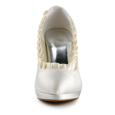 Women's Satin Upper Stiletto Heel Pumps With Ruffles Ivory Wedding Shoes