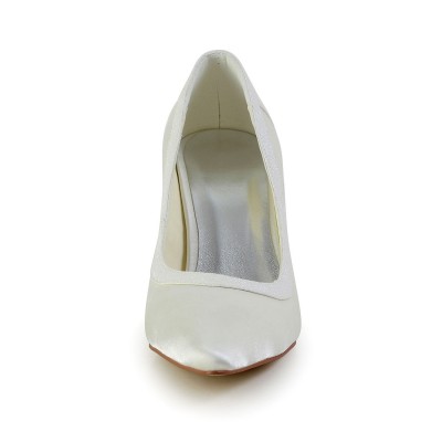 Women's Simple Satin Stiletto Heel Closed Toe White Wedding Shoes
