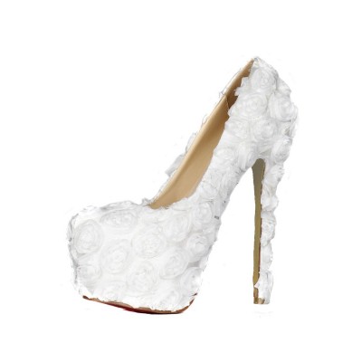 Women's Stiletto Heel Closed Toe Platform With Flowers White Wedding Shoes