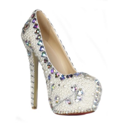 Women's Patent Leather Stiletto Heel Closed Toe Platform With Pearl High Heels