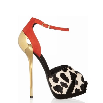 Women's Horsehair Stiletto Heel Peep Toe Platform With Leopard Platforms Shoes