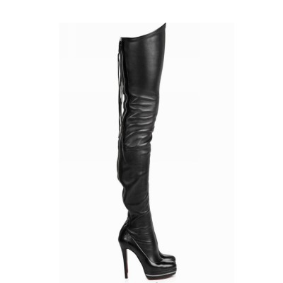 Women's Elastic Leather Stiletto Heel Platform Over The Knee Black Boots