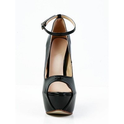 Women's Wedge Heel Patent Leather Peep Toe Platform Mary Jane High Heels
