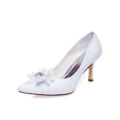 Women's Satin Closed Toe Flower Spool Heel Wedding Shoes