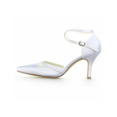 Women's White Satin Closed Toe Spool Heel With Buckle White Wedding Shoes