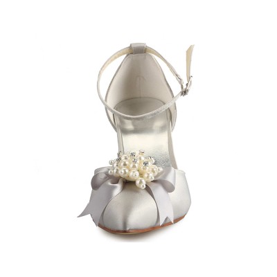 Women's Spool Heel Satin Closed Toe With Pearl Bowknot White Wedding Shoes