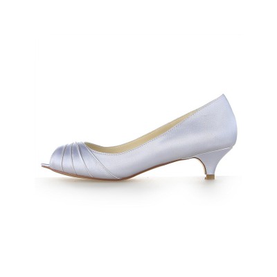 Women's Satin Peep Toe Kitten Heel With Rhinestone White Wedding Shoes