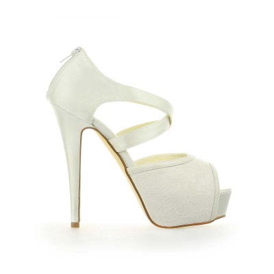 Women's Satin Lace Platform Peep Toe Stiletto Heel With Zipper White Wedding Shoes