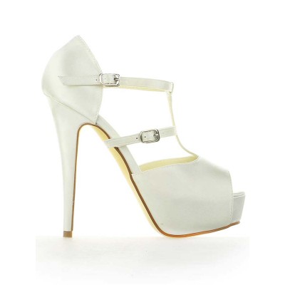 Women's Satin Platform Peep Toe Stiletto Heel With Buckle White Wedding Shoes