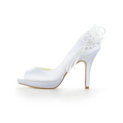 Women's Satin Platform Peep Toe Stiletto Heel With Pearl White Wedding Shoes