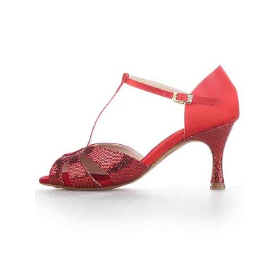 Women's T-Strap Peep Toe Stiletto Heel Satin Sparkling Glitter Dance Shoes