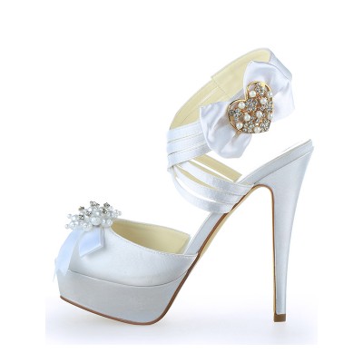 Women's Satin Peep Toe Platform Stiletto Heel With Pearl White Wedding Shoes