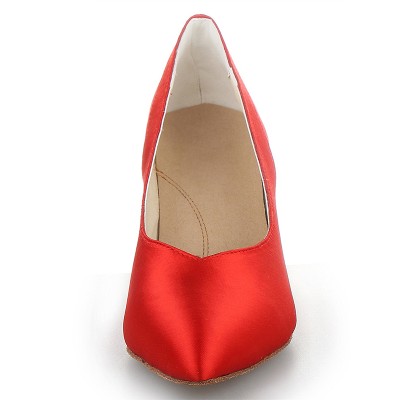 Women's Red Closed Toe Cone Heel Satin High Heels