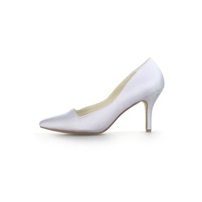 Women's Closed Toe Satin Stiletto Heel Dress White Wedding Shoes